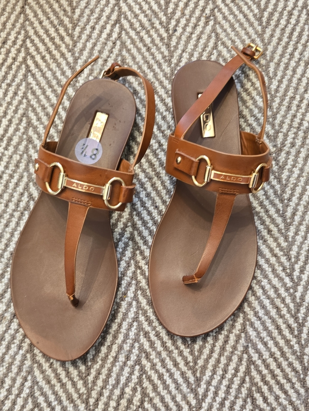 Aldo Brown Leather T-Strap Sandals with Gold Accents